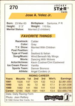 1992 Jockey Star #270 Jose A. Velez Jr. Back